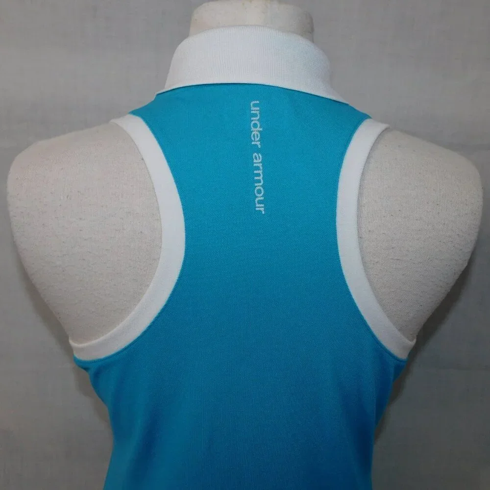 Under Armour heatgear Womens M Blue White Fitted Sleeveless Golf Polo Shirt - Picture 7 of 8